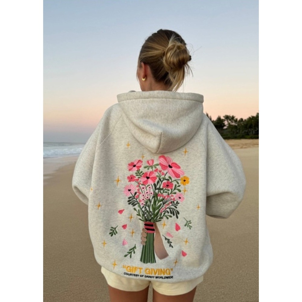 Dandy Worldwide Oversized Heather Gray Gift Giving Embroidered Hoodie sz XL